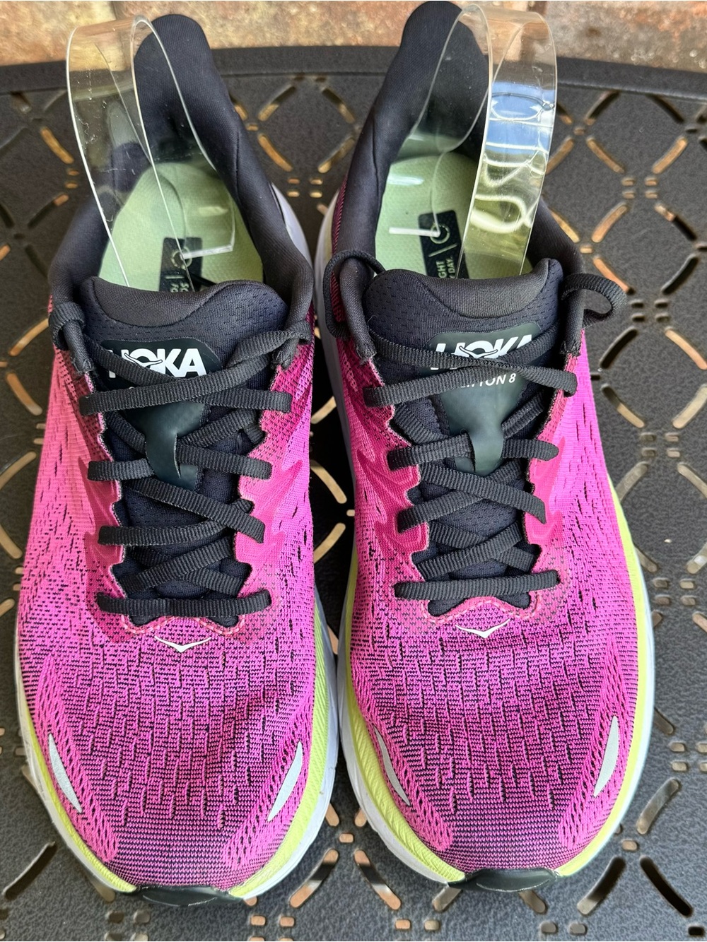 Hoka Clifton 8 Women's Pink and Black Running Shoes with Lime Accent - Picture 10 of 10